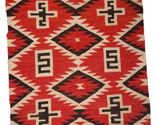 1221 A Diné (Navajo) Crystal JB Moore rug First half 20th century Woven in red, cream, and black wool with a central and two side columns of stacked sawtooth diamonds, alternating with columns of floating geometric motifs, a J.B. Moore variation of Plate XV 6 ft. 10 in. x 4 ft. 9 in. approximately Estimate: $1,200 - $1,800