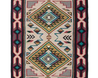 1286 A Mexican Diné (Navajo)-style rug Second half 20th century Woven in black, grey, red, and multicolored wool in a Teec Nos Pos-style featuring stacked diamonds, floating elements and a complex border 4 ft. 10 in. x 3 ft. approximately Estimate: $500 - $700
