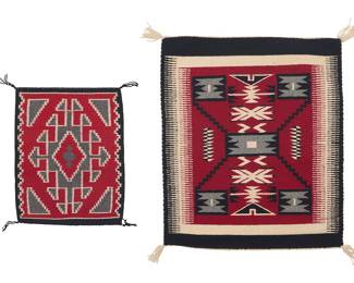 1299 Two Diné (Navajo) Ganado throws Late 20th century; the smaller attributed to attributed to Rebecca Martin, Diné Comprising a storm pattern weaving with floating elements and fine line sawtooth borders to sides, as well as a diminutive mat with a central elaborate stepped diamond and stepped border to sides, each textile with a spirit line and each woven in red, grey, cream, and black wool 2 pieces Larger 2 ft. 2 in. x 1 ft. 10 in.; smaller 1 ft. 4 3/4 in. x 1 ft. 1 1/4 in. approximately Estimate: $300 - $500
