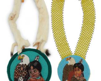 1131 Two large Cree polychrome pictorial beaded portrait necklaces Attributed to Jack Little Boy (20th/21st century, Canadian Cree) Each necklace with a large medallion featuring the dimensional beaded image of a young girl together with a bald eagle, the larger suspended by two ermine pelts attached with hide laces, and the smaller by a wide yellow and black lattice beadwork strap The smaller marked in ink verso: JLB Larger 22 x 7 in.; smaller 26 x 5 in. Estimate: $200 - $300
