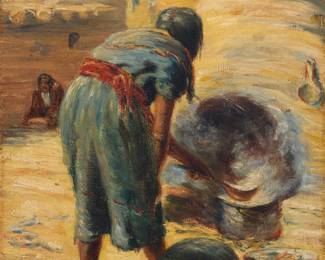 1093 William Robinson Leigh (1866-1955) "Zuni Breadmaker" Oil on canvas laid to canvas Unsigned; titled on the frame plaque and again in the accompanying letter 8 1/4 x 7 in. Estimate: $8,000 - $12,000
