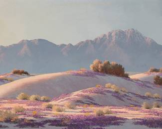 1212 John William Hilton (1904-1983) "Mt. San Jacinto" Oil on Masonite With the incised signature lower right: John W. Hilton; titled by repute; inscribed along the upper portion of the frame's verso: "To my Darling Barbara with love" and, in another hand, "I give this painting to Dr. John Helsabeck in gratitude for a new and happy life. Barbara Hilton" 24 x 36 in. Estimate: $2,000 - $3,000