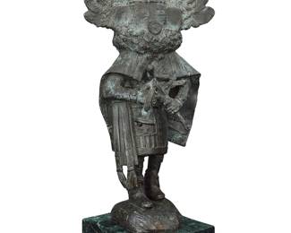 1020 Mark Rossi (b. 1951) Morning Singer Katsina Verdigris patinated bronze on marble plinth Signed in the casting: M Rossi Height of bronze 20 1/4 in., width 8 in., depth 7 in.; height overall 22 1/4 in., width 8 in., depth 7 5/8 in. Estimate: $800 - $1,200