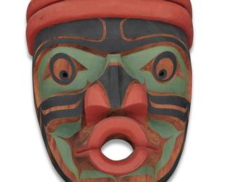1144 Mervyn Child Hunt (b. 1955, Kwagul/Tlingit/Nuu Chah Nulth/British) A carved and polychrome-painted mask Marked in ink verso: NW / 63; further marked in pencil: Kwakiutl Art / Freman / Mervyn / Child / Hunt Height 9 in., width 8 3/8 in., depth 5 3/4 in. Estimate: $200 - $400