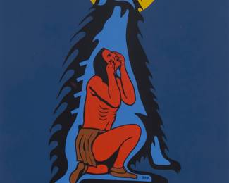 1013 Lloyd Caibaiosai (1947-1975, Ojibway) "Blue Wolf," 1975 Screenprint in colors on laid paper Edition: 82/100 Signed, titled, dated 12/1/75, numbered, and inscribed, "Printed at Woodland Studio," all in ink along the lower portion of the work's blue background: Lloyd Caibaiosai Image: 32 x 20 1/8 in.; Sight: 35 3/4 x 23 3/4 in. Estimate: $150 - $250