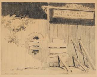 1255 Everett Shinn (1876-1953) Ferndale Trotting Association ticket booth Pencil on paper mounted to illustration board Signed lower left: Everett Shinn Sheet: 8 x 10 3/8 in.; Sight: 8 1/2 x 10 7/8 in. Estimate: $400 - $600