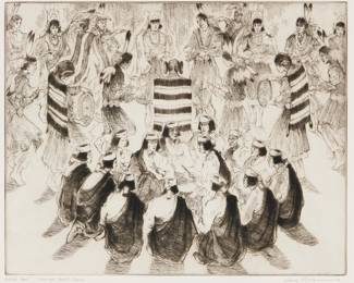 1016 Gene Kloss (1903-1996) "Domingo Basket Dance," 1973 Etching and drypoint on BFK Rives paper An artist's proof, aside from the edition of 50 Signed, titled, and inscribed "Artist's Proof" in pencil in the lower margin: Gene Kloss; inscribed "Etching + Drypoint (323)" in black ink on a fragment of matboard affixed to the frame's backing paper Plate: 12 1/8 x 15 1/8 in.; Sheet: 15 3/4 x 18 5/8 in. Estimate: $1,000 - $1,500