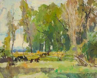1340 Sergei Bongart (1918-1985) Cows in a verdant landscape Oil on canvas Signed lower right: Sergei Bongart 32 x 40 in. Estimate: $1,000 - $1,500