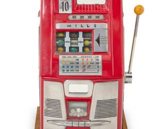 1301 A Mills 'High Top 7-7-7' slot machine Late 1940s The ten-cent machine with three reels, housed in an enameled metal and wood case Height 25 3/4 in., width 18 3/4 in., depth 16 in. Estimate: $700 - $1,000