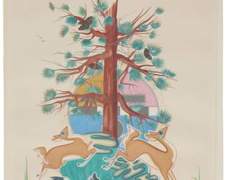 1002 Popovi Da (1923-1971, San Ildefonso Pueblo) Untitled (Deer, Tree, Skunk), circa 1965 Gouache and traces of graphite on paper Signed lower right: Popovi Da; with the artist's studio sticker verso 20 x 15 1/2 in. Estimate: $2,000 - $3,000