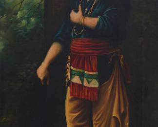 1089 19th Century Western School Portrait of a Native American man, 1875 Oil on canvas Signed with conjoined initials and dated lower right: NEW. 75. 26 1/4 x 14 1/4 in. Estimate: $500 - $700