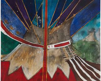 1009 Kevin Red Star (b. 1943, Crow) "Summer Home," 1972 Acrylic on canvas Signed and dated lower right: Kevin Red Star / 1972; titled verso 44 1/4 x 54 in. Estimate: $4,000 - $6,000