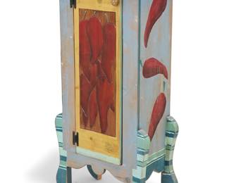 1349 A Santa Fe-style painted wood cabinet Late 20th/early 21st century The hinged door painted with chili motifs, opening to reveal two shelves Signed indistinctly verso Height 46 in., width 23 1/4 in., depth 13 1/2 in. Estimate: $300 - $500