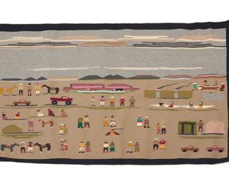 1293 A Diné (Navajo) pictorial rug Second half 20th century Woven in black, grey, beige, green, pink and multicolored wool featuring multiple figures, animals, buildings, trucks, within a desert landscape with low hills, water, and clouds 4 ft. 4 in. x 2 ft. 5 1/2 in. approximately Estimate: $600 - $800