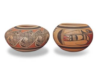 1033 Fannie Nampeyo (1900-1987, Hopi) Two polychrome pottery jars, circa 1960s Each with red and black on cream slip ground, one depciting a migration motif, the other with band of geometric motifs Each signed in slip to underside: FANNIE NAMPEYO / [corn cipher] 2 pieces Height of taller 3 1/4 in., diameter 4 7/8 in.; height of shorter 3 in., diameter 5 3/8 in. Estimate: $800 - $1,200