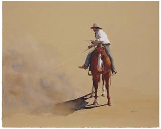 1188 John Fawcett (b. 1952) "Draggin Dust," 1995 Watercolor and gouache on tan paper Signed, dated, and with the artist's device lower right: Fawcett © '95; titled on the accompanying certificate of purchase Image/Sheet: 20 3/4 x 25 3/4 in. Estimate: $1,000 - $1,500