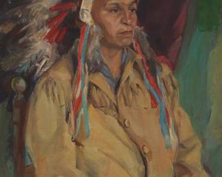 1088 Elenore Stuart Bulmer (b. 1914) Portrait of a Native American in a feathered head dress Oil on canvas Signed lower left: Elenore / Stuart / Bulmer 35 x 28 1/4 in. Estimate: $800 - $1,200