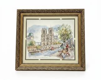 Vintage Paris Notre-Dame et les Bouquinistes Watercolor Print by Clodier