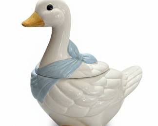Vintage Ceramic Goose Cookie Jar with Blue Ribbon