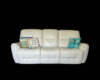 Electric Reclining White Leather Sofa With Console and Headrest