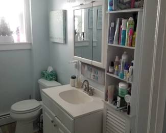 Toilet; bath vanity; medicine cabinet; vanity lights