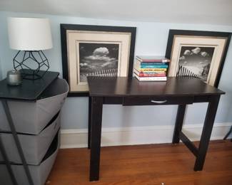 Table lamp; foyer table; framed artwork; 3-drawer storage 
