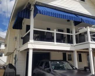 Navy & white awnings; railings