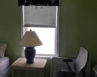 Nightstand; table lamp; window blinds & valances