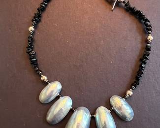 Baroque Pearl and Black Stone Chip Necklace