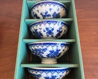 Japanese "Karako" Children Blue and White Porcelain Rice Bowls