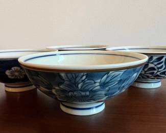 Japanese Style Blue and White Porcelain Rice Bowls
