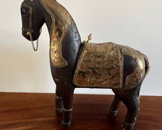 Vintage Hand-Carved Wooden Horse with Brass Inlay