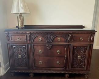 Renaissance Revival Style Carved Wood Sideboard with Marble Top
