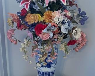 Blue and White Chinoiserie Floral Vase with Arrangement