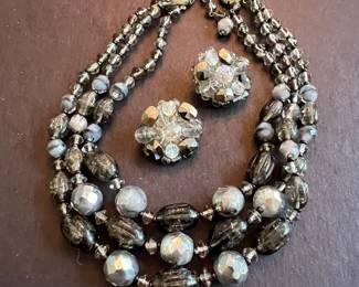 Mid-Century Style Grey Crystal Beaded Jewelry Set
