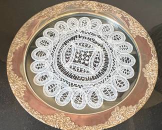 Victorian Style Silver Plate Lace Under Glass Tray