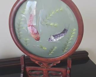 Chinese Silk Embroidery Koi Rotating Table Screen