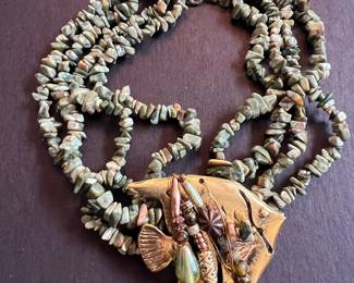 Multi-Strand Chip Stone Necklace with Gold-Tone Fish Pendant