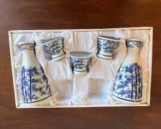 Japanese Blue and White Porcelain Sake Set with Bamboo Motif