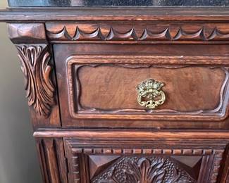 Renaissance Revival Style Carved Wood Sideboard with Marble Top