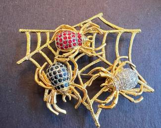 Spider Web Brooch with Red, Black, and Clear Rhinestones