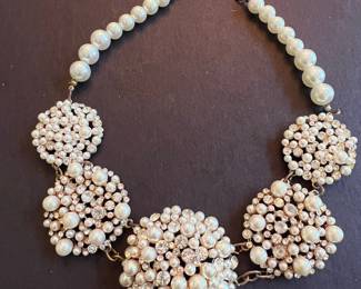 Costume Pearl and Rhinestone Cluster Necklace
