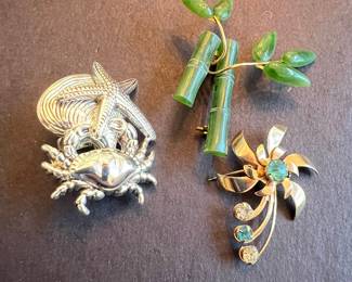 Vintage Crab and Starfish Brooch, Jade Bamboo Pin, and Rhinestone Floral Brooch