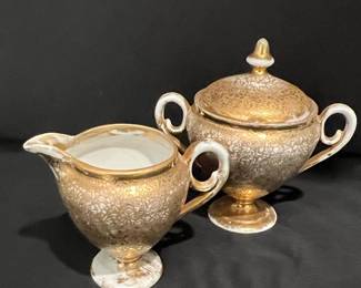 Prov. Saxe Germany 22K Gold Encrusted Creamer and Sugar Set