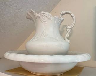 Victorian Style White Ironstone Wash Basin and Pitcher Set