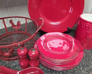Red Kitchen Decor Including Spoon Rest, Saltpepper, Utensils, Plate, Basket 4 Melamine Plates