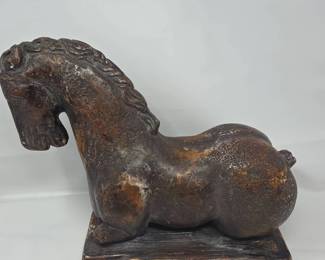Tang Dynastyinspired Reclining Horse Textured Mane Weathered Patina Wooden Base