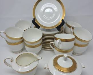 Mikasa Crown Jewel White Gold Fine China Tea Set Twelve Cups, Saucers, Creamer Sugar Bowl