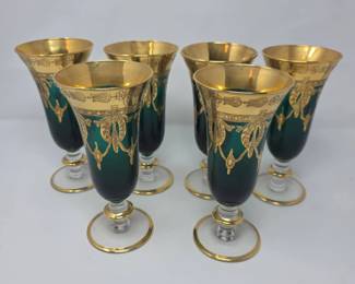 Six Vintage Green Arte Italica Gold Etched Rim Iced Tea Glasses