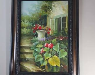 Large Mediterranean Style Garden Canvas In Ornate Wooden Frame